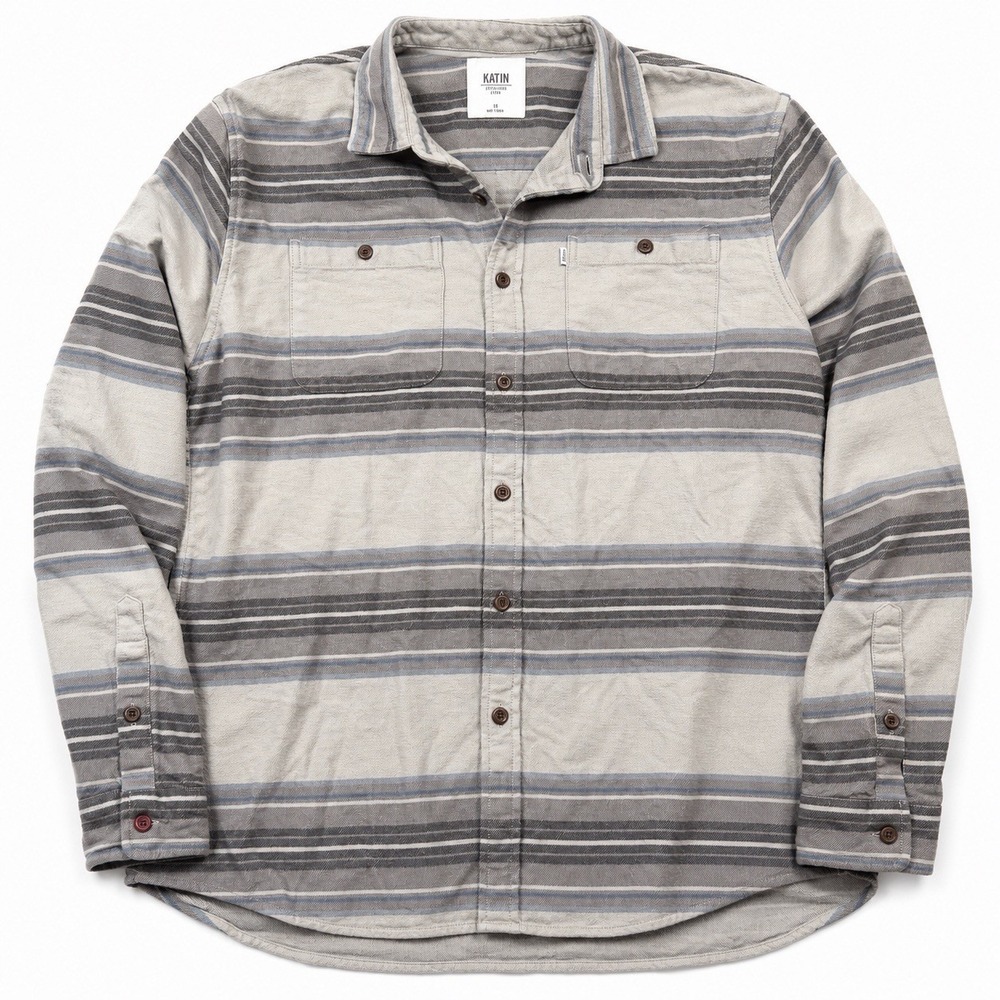 Katin Men's Large Gray Blue Striped Flannel Shirt Long Sleeve Button Front